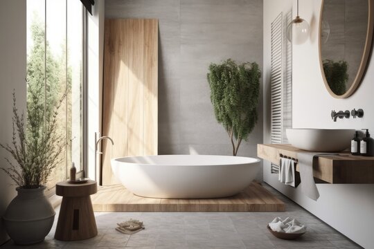 White and gray Japanese minimalist bathroom. Bathtub and washbasin. Farmhouse decor,. Generative AI