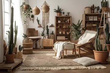 Elegant bohemian living room with wooden recliner, many plants, cactus, books, baskets, mock up picture frames, carpet, and personal decorations. coziness. Template. Generative AI