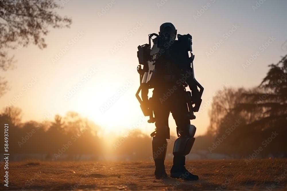 Poster a person with a robot suit on standing in a field at sunset construction site time-lapse photography