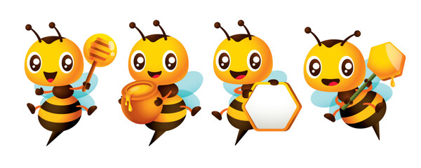 Cartoon cute bee character set series with different poses. Cute Bee holding honey dipper, honeycomb signboard and honey pot. Vector mascot set collection