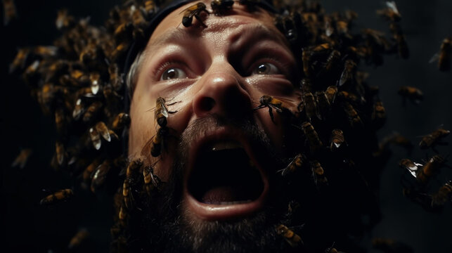 A scared man with his face covered in a swarm of bees. Fear, screaming, frightened. Generative AI.