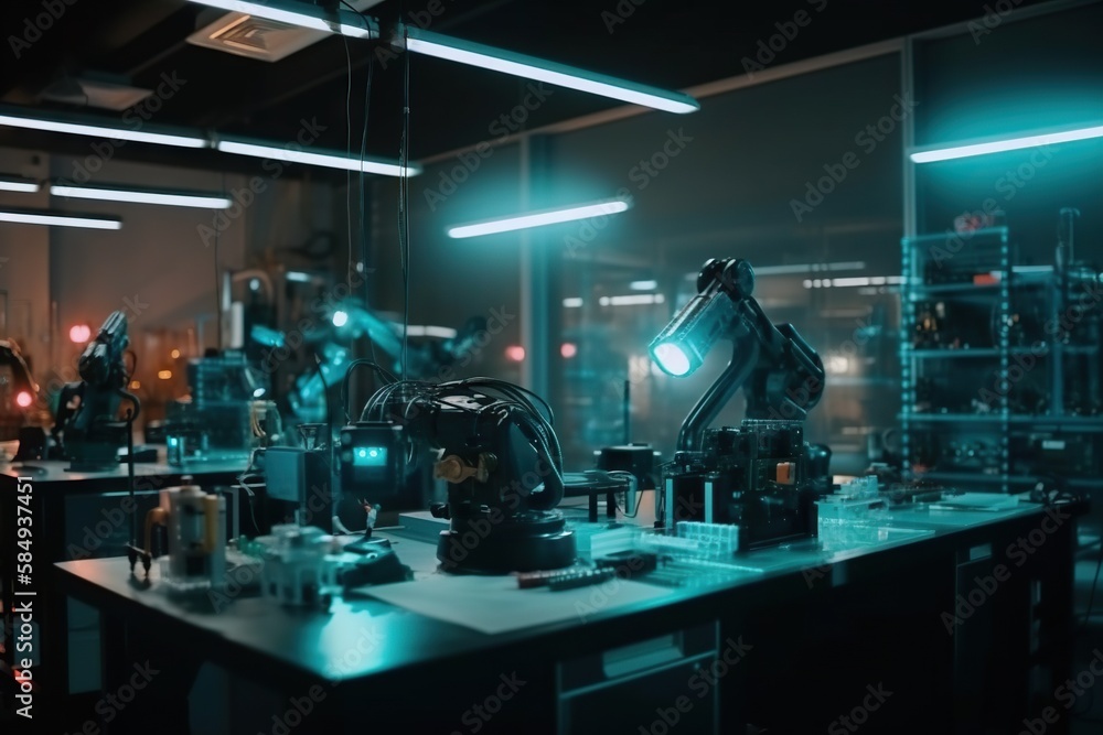 Poster a lab with a lot of equipment on a table in the middle of it workshop time-lapse photography robotic