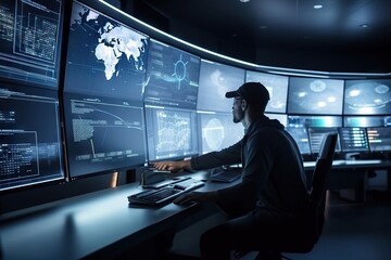 A Man Sitting At A Desk In Front Of A Computer Monitor Conference Room Advertising Photography Cybersecurity Generative AI