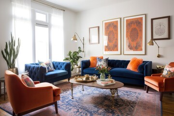 Actual shot of navy blue couch with orange cushions and artwork above in bright and big living room with two antique armchairs. Generative AI