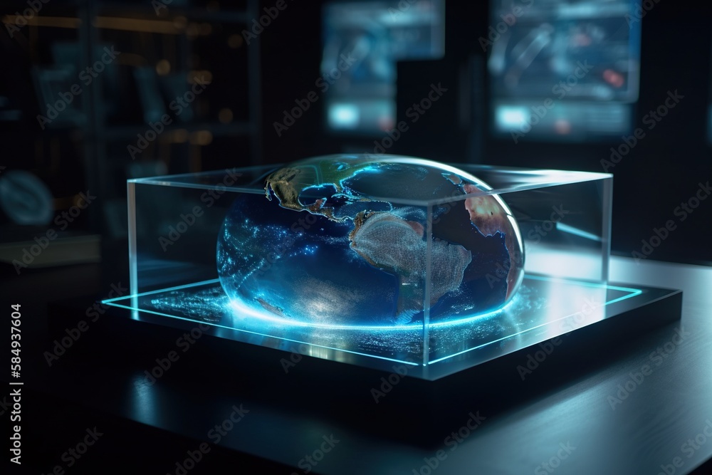 Poster a glass box with a small globe inside of it on a table deep sea trench photorealism augmented realit