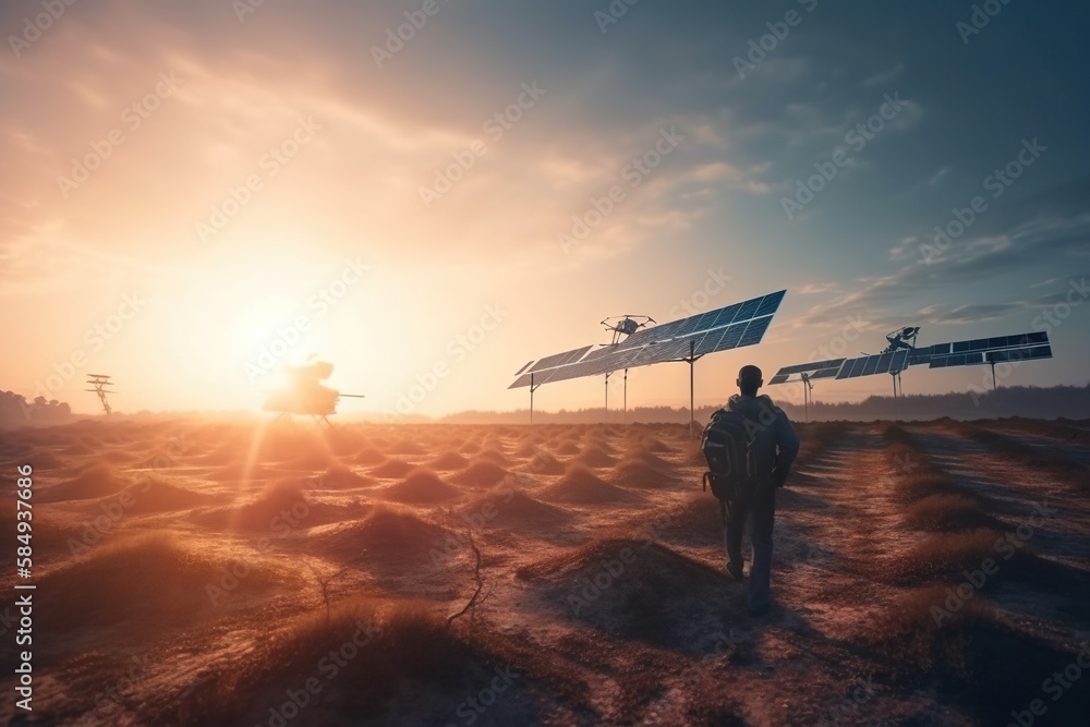 Poster A Man Walking In A Field With A Solar Panel In The Background Solar Farm Environmental Art Supply Chain Optimization Generative AI 