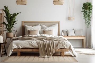 White and beige farmhouse bedroom with wall mockup. Wood and fabric bed. Boho decor,. Generative AI