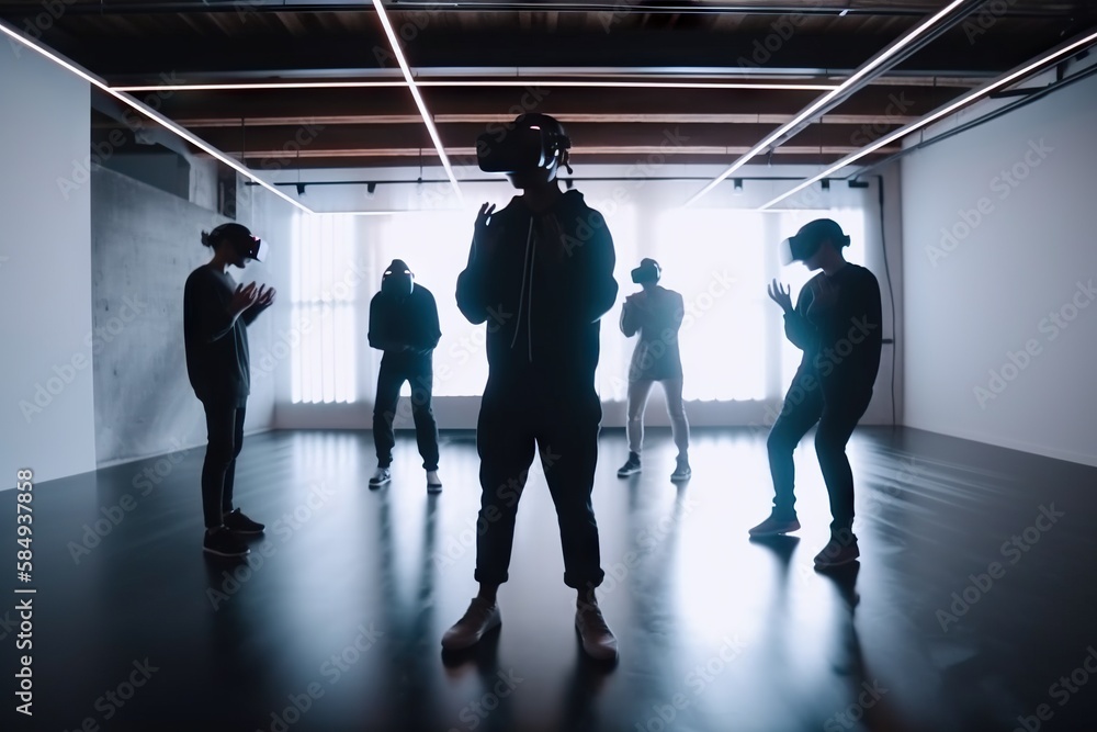 Poster A Group Of People Standing In A Room With A Light Coming Through The Window Dance Studio Performance Art Virtual Reality Generative AI 