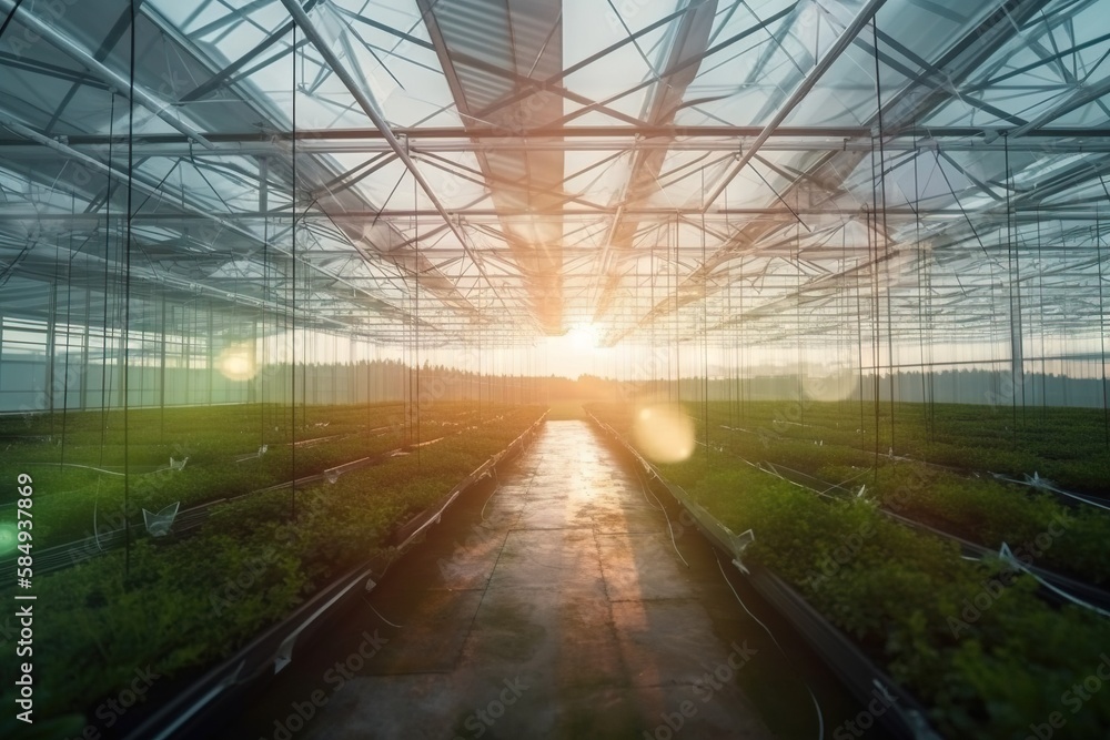 Poster a greenhouse with a sun setting in the background and a row of plants growing inside botanical garde