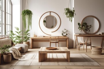 Contemporary open space house with wooden desk, coffee table, couch, chair, plants, mirror, macrame, and stylish accessories. Minimalist house décor. Template. Lighting. Generative AI