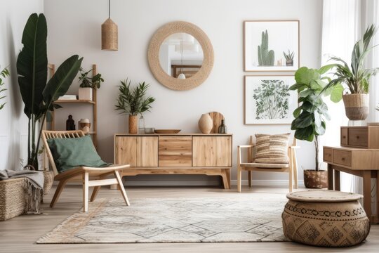 Boho living room with wooden console and chic decorations. Pseudo poster. Wall. Decorating. Generative AI