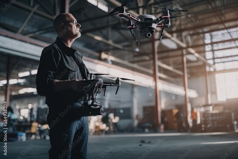 Poster a man holding a remote control device in front of a flying object abandoned industrial warehouse int