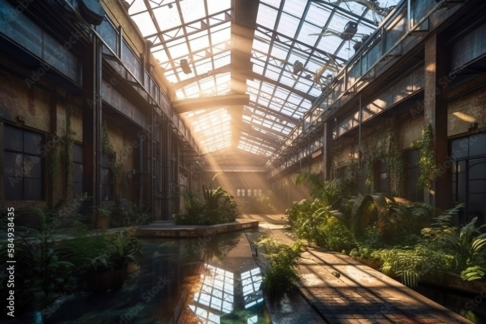 Aufkleber a large building with a pool inside of it and a skylight abandoned warehouse in the afternoon light 