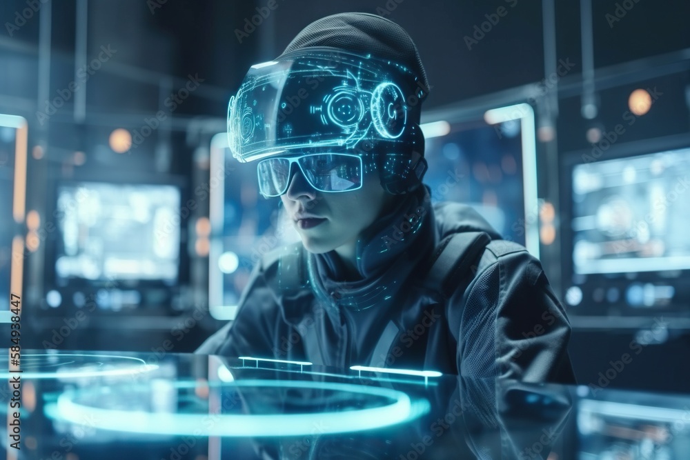 Poster a man wearing a futuristic helmet and goggles in a futuristic setting workshop stereoscopic photogra