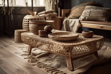 Obraz na płótnie Canvas Wooden antique tabletop or shelf closeup, zen vibe, over country living room with couch and rattan furnishings, boho chic architectural interior design,. Generative AI