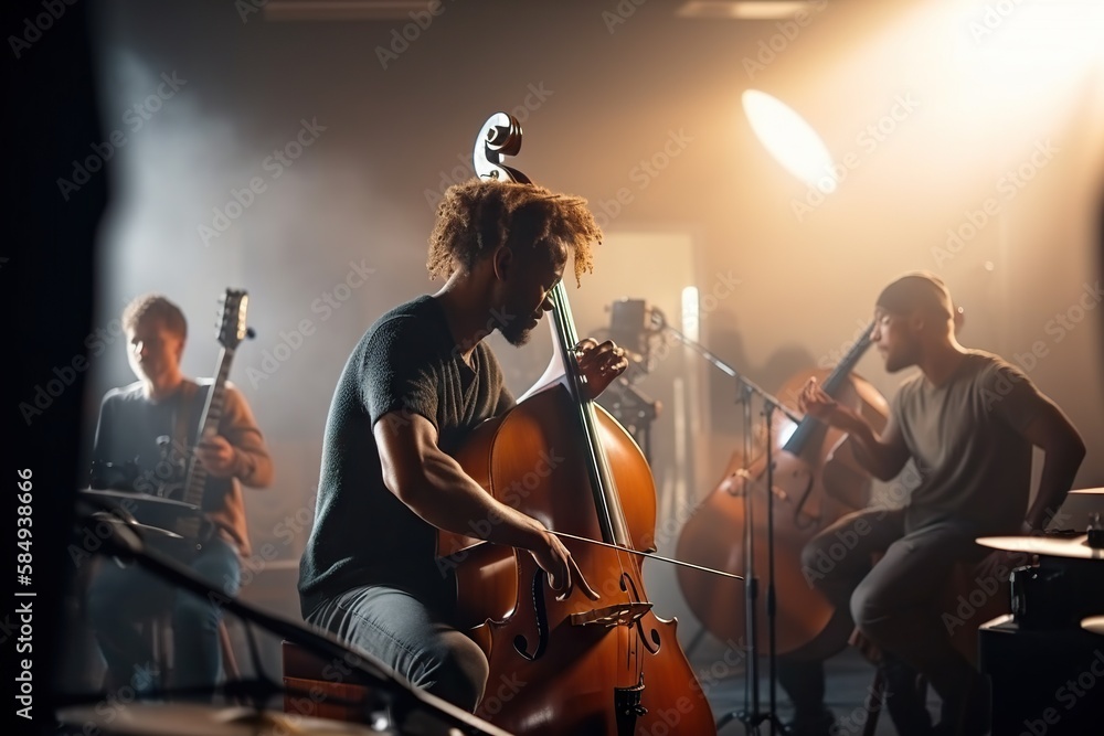 Poster a group of people playing instruments in a room with lights on recording studio performance photogra