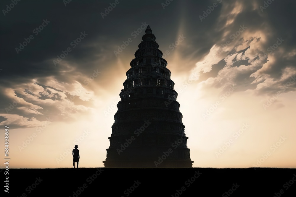 Poster a man standing in front of a tall tower under a cloudy sky temple fine art photography architectural
