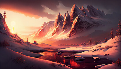 Snowy mountain landscape at winter nightfall with frost generated by AI