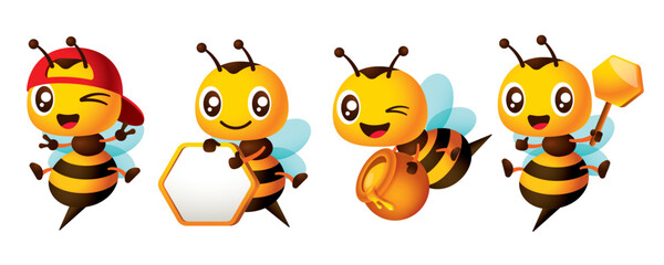 Cartoon cute bee character set series with different poses. Cute Bee holding honey dipper, honeycomb signboard and honey pot, show peace hand sign. Vector mascot set collection