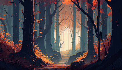 Autumn forest mystique, illuminated by spooky sunset generated by AI