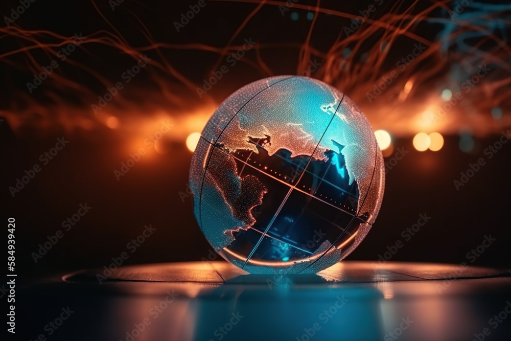 Poster a glass globe with a map of the world on it and lights in the background factory panoramic photograp