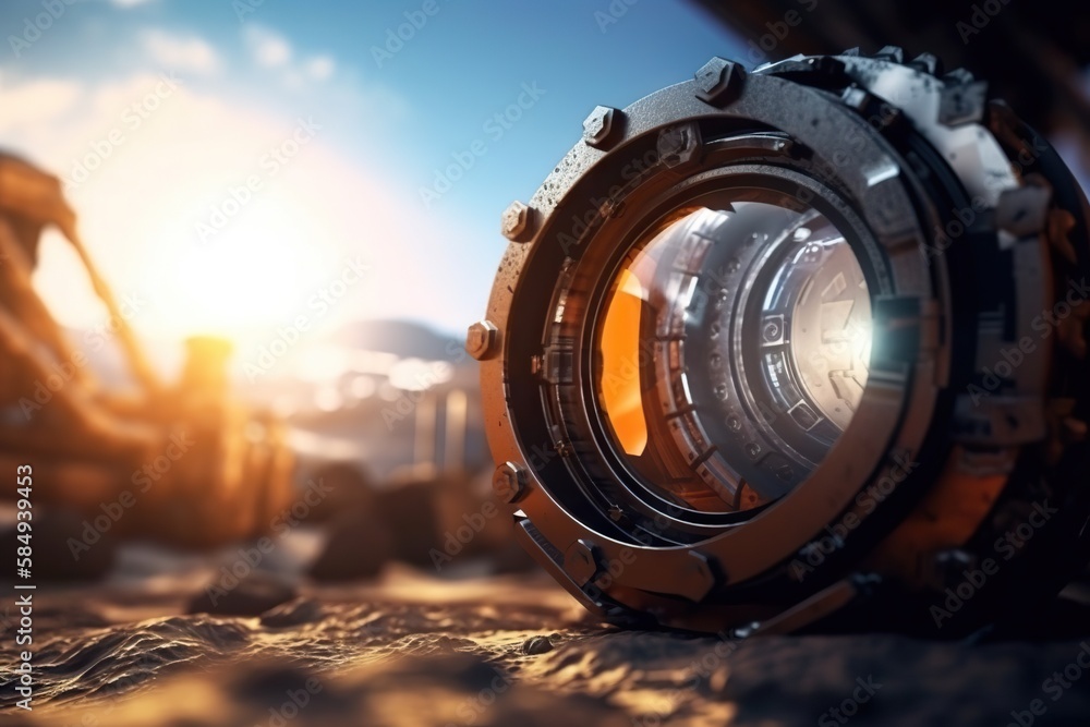 Poster a close up of a camera lens on a rock surface with a bright sun in the background desert photorealis