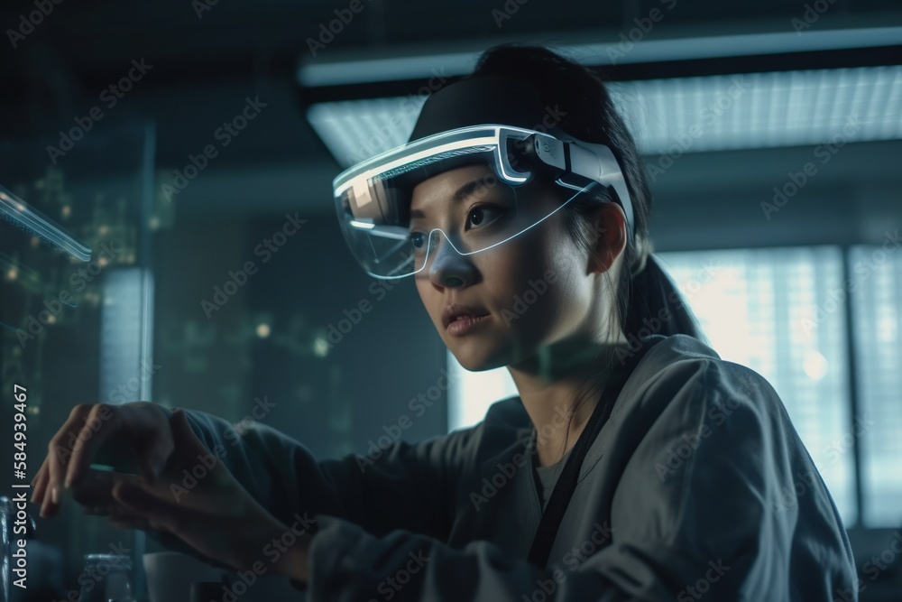 Poster a woman in a lab coat and goggles working on a machine workshop stereoscopic photography augmented r