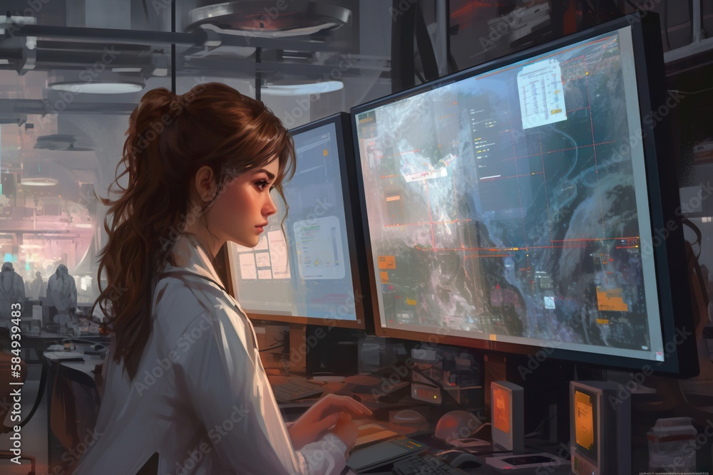 Aufkleber A Woman Is Looking At Two Computer Screens And A Keyboard And Mouse Factory Realism Data Analysis Generative AI 