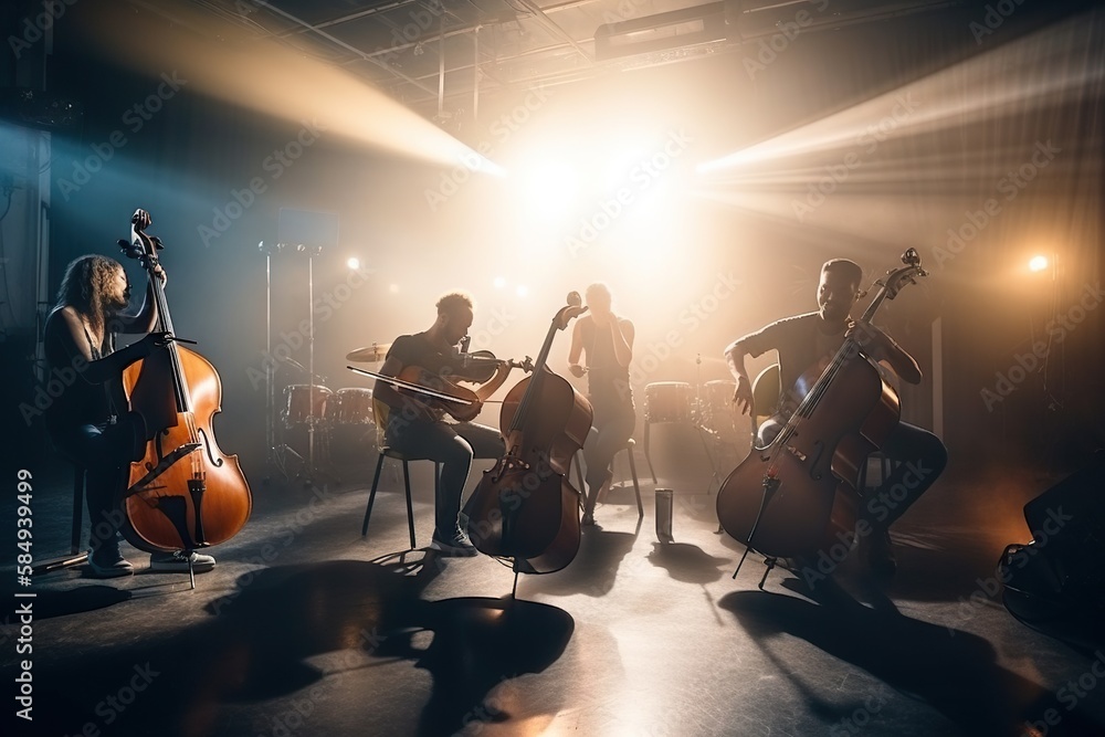 Poster a group of people playing instruments in a room with lights on recording studio performance photogra