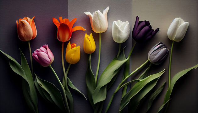 A vibrant bouquet of multi colored tulips outdoors generated by AI