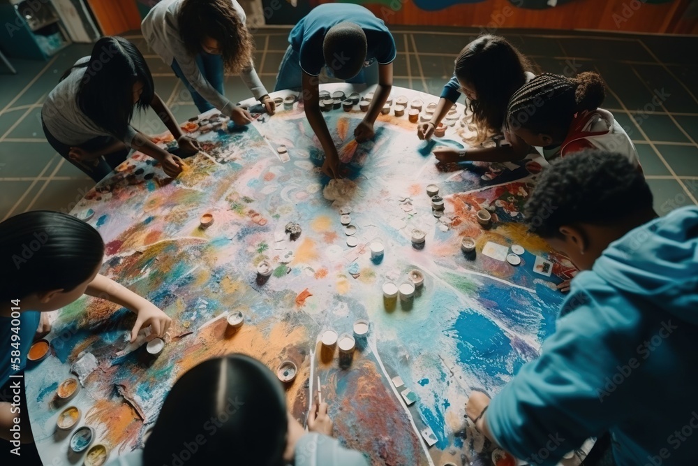 Poster a group of people painting on a table together in a room workshop color field painting diversity and