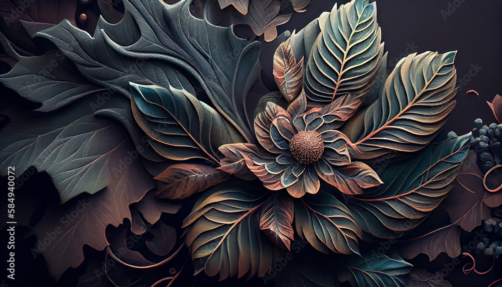 Poster abstract botanical pattern in silhouette on blue backdrop generated by ai