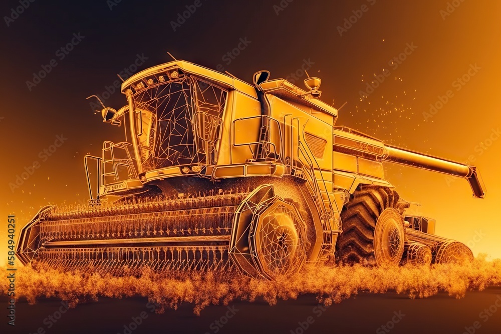Poster a large yellow machine is in a field of grass and dust farm color field painting commodities generat