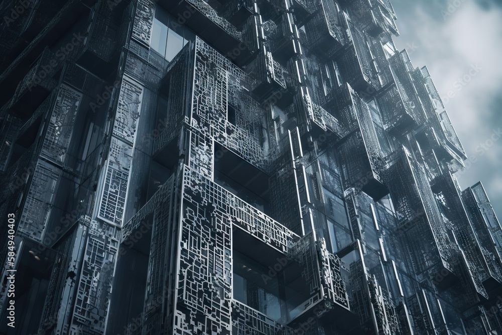 Poster a very tall building with lots of windows and a staircase going up it office building gothic archite