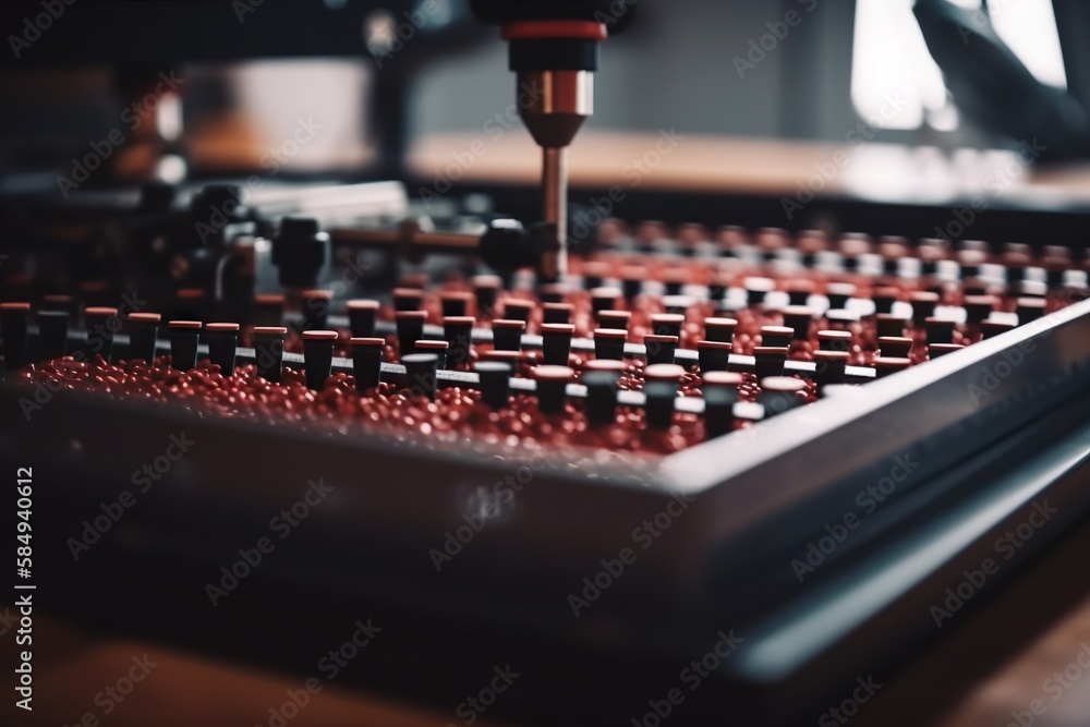 Poster a machine that is making some kind of thing with red beads factory time-lapse photography manufactur