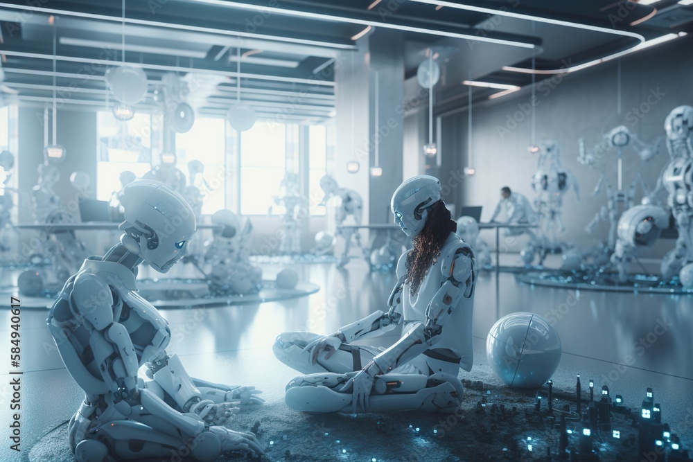 Poster a couple of robots sitting on top of a floor next to each other workshop assemblage robotics enginee