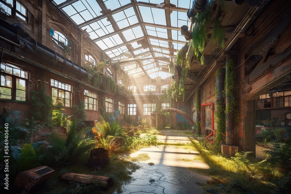 Poster a large building with a lot of windows and plants growing inside of it abandoned warehouse in daylig