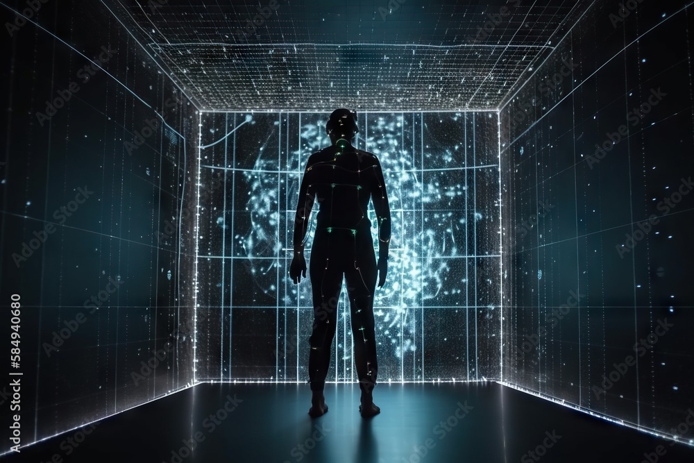 Poster a man standing in a room with a lot of lights on it workshop video art data analytics generative ai