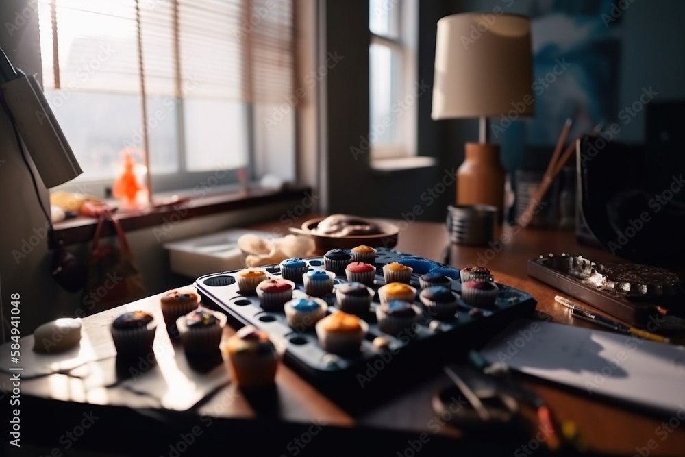 Poster a table with a bunch of cupcakes on it and a lamp kitchen photorealism set design generative ai