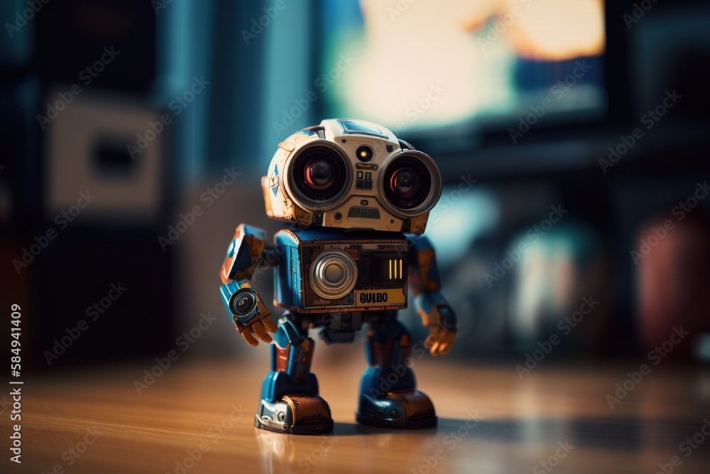 Aufkleber a small robot toy sitting on a table in front of a tv junkyard stereoscopic photography robotics eng