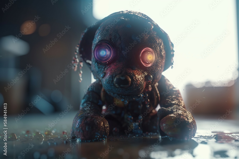 Aufkleber a stuffed animal with glowing eyes sitting on a table with a window in the background junkyard photo