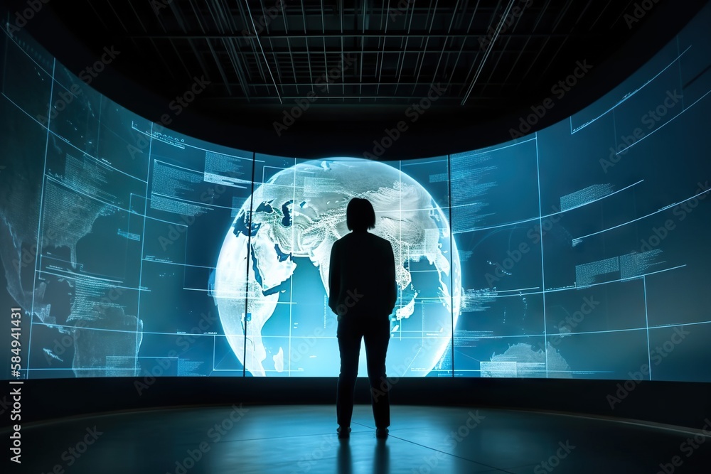 Poster a person standing in front of a large screen with a world map conference room panoramic photography 