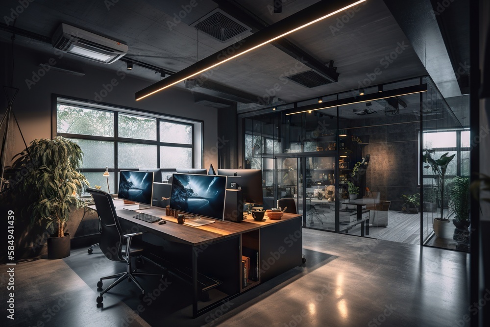 Poster a desk with two monitors and a keyboard in a room with large windows office building architectural p