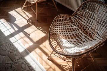 Fototapeta na wymiar White crocheted plaid on bamboo chairs from above. Close up of contemporary interior wicker chair on hardwood floor. Eco friendly living room décor. Generative AI