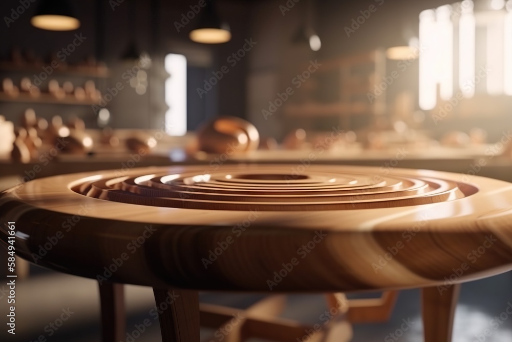 Poster a wooden table with a circular design on it in a room workshop photorealism furniture design generat
