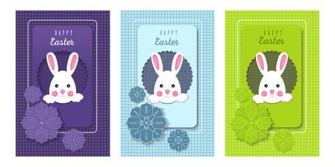 Set colorful greeting cards with cute bunny for the Easter holiday. Vector illustration