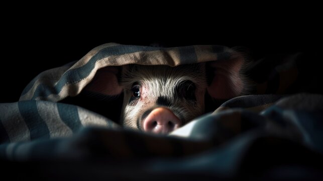 pig peeking out from a duvet, baby piglet sleeping on a bed, generative ai