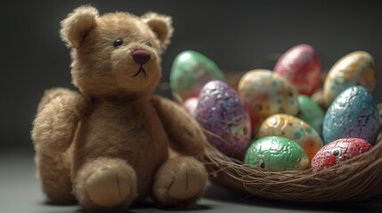 big Cute teddy with colorful Easter eggs in the basket and great Easter outfit Generative AI