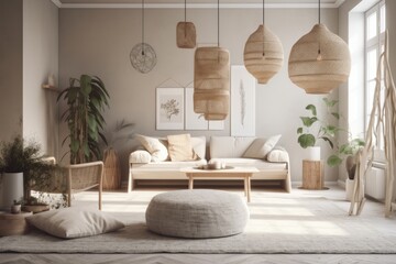 Modern lights scandinavian interior beige. Banner site. drawing sunlit bohemian living room with couch. Generative AI