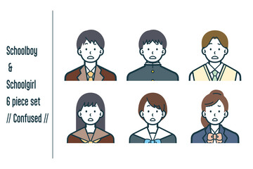 困惑している男女の学生の6点セットno.1